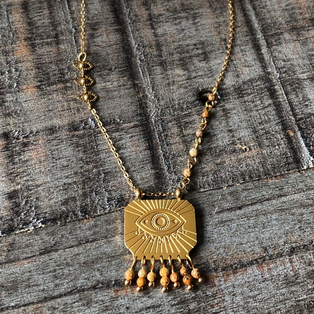 NEW Gold Evil Eye & Stone Pendant Necklace - Picture 2 of 8